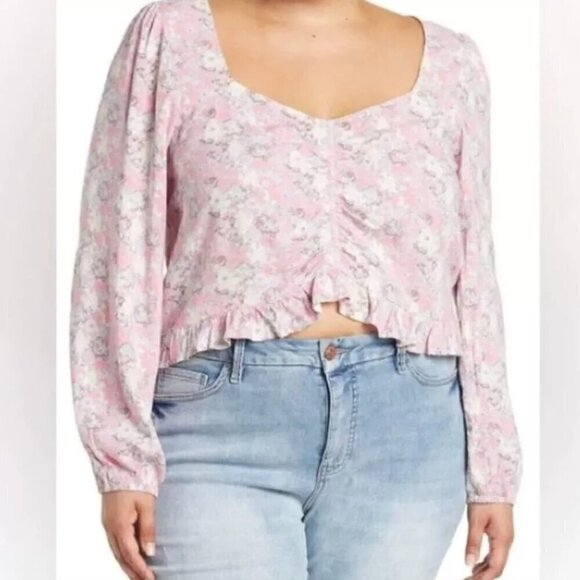 Abound Tops - NEW NWT ABOUND Cinched Floral Blouse Pink Cream Blue Long Sleeve Crop Top Medium